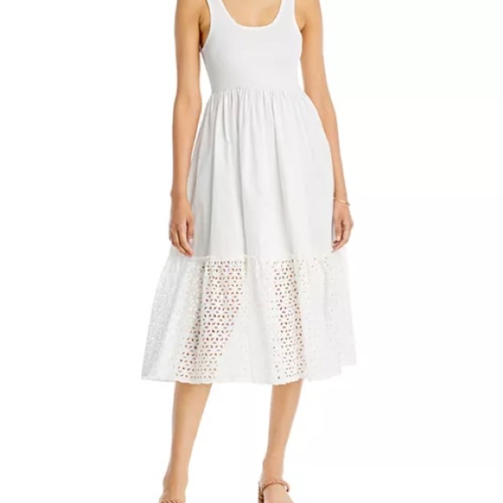 Aqua Knit Poplin Sleeveless White Midi Dress with Lace Hem
